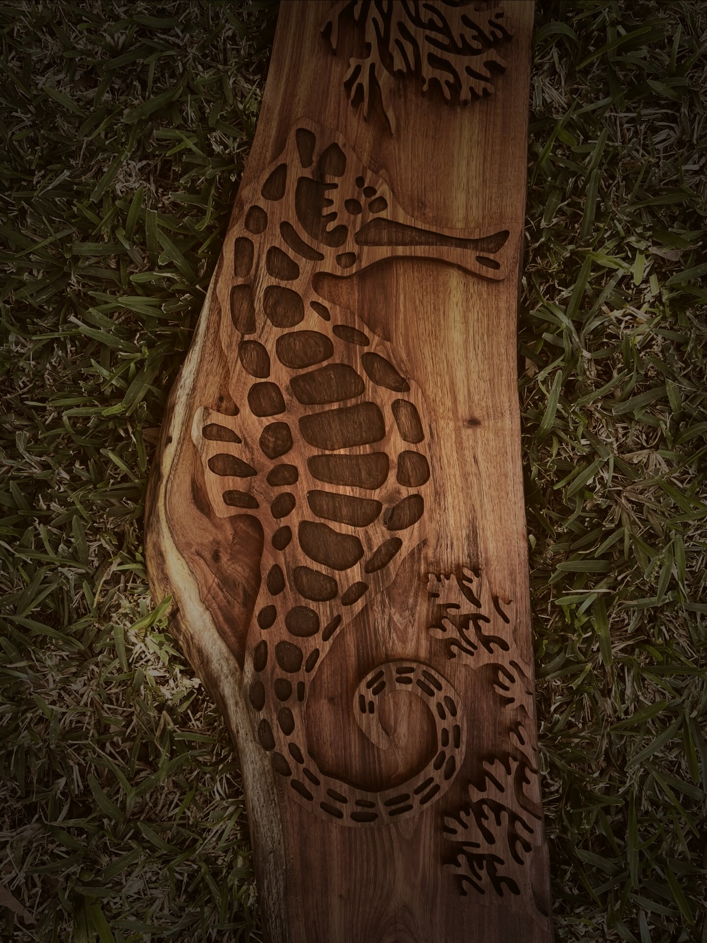 Hippocampe — Planche live edge, gravure sur bois par Tony Grandin